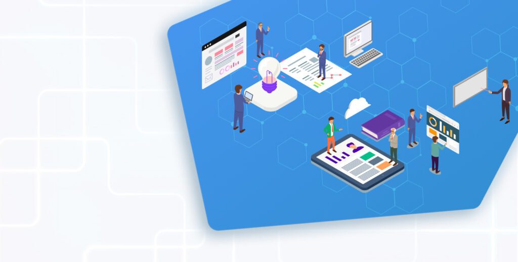 デジタル技術とデータ分析を活用するビジネスチームのイラスト