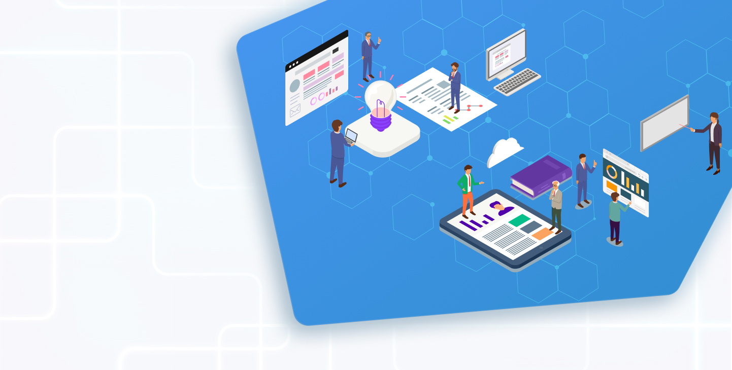 デジタル技術とデータ分析を活用するビジネスチームのイラスト